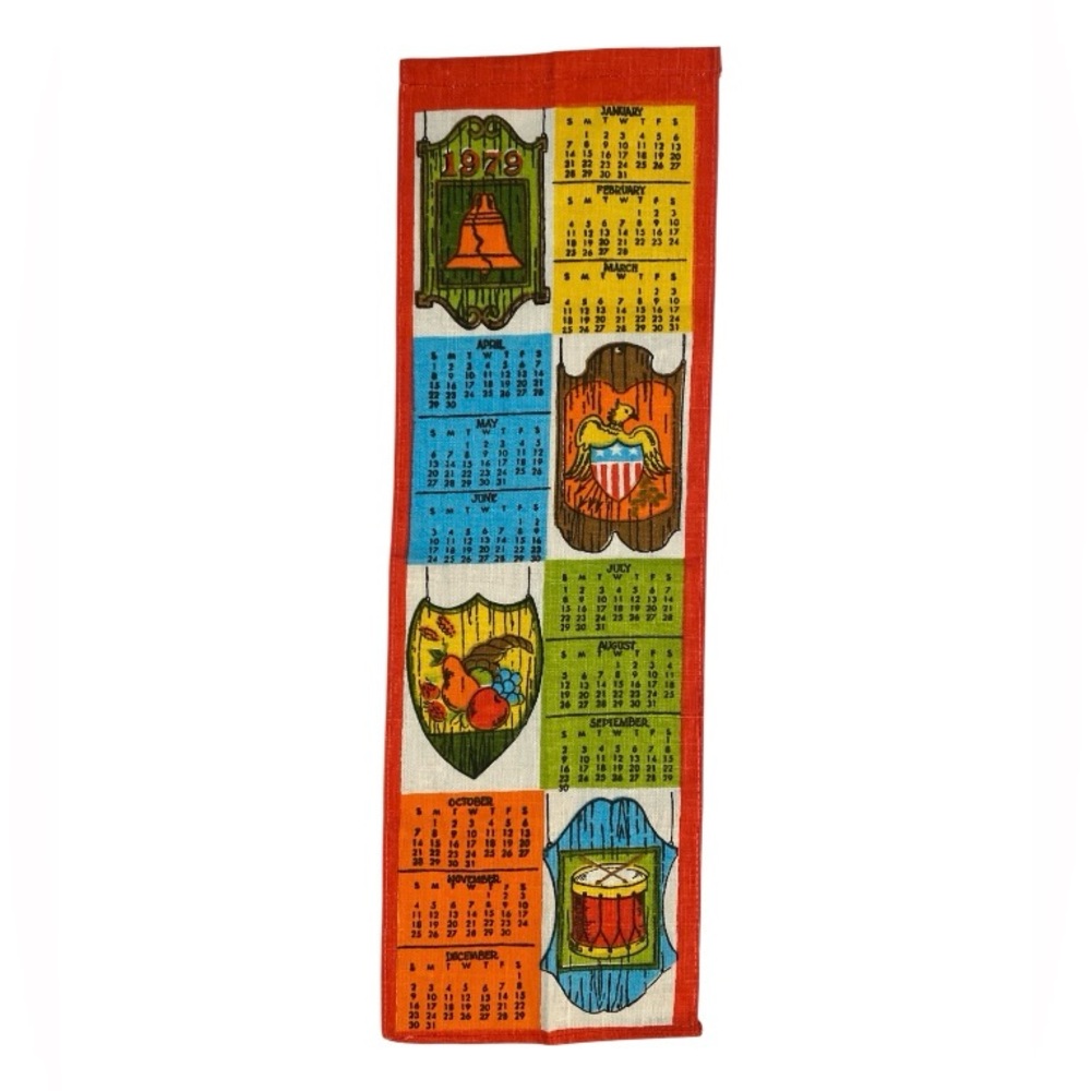 Vintage 1979 Hanging Cotton Calendar Towel Early American Theme.